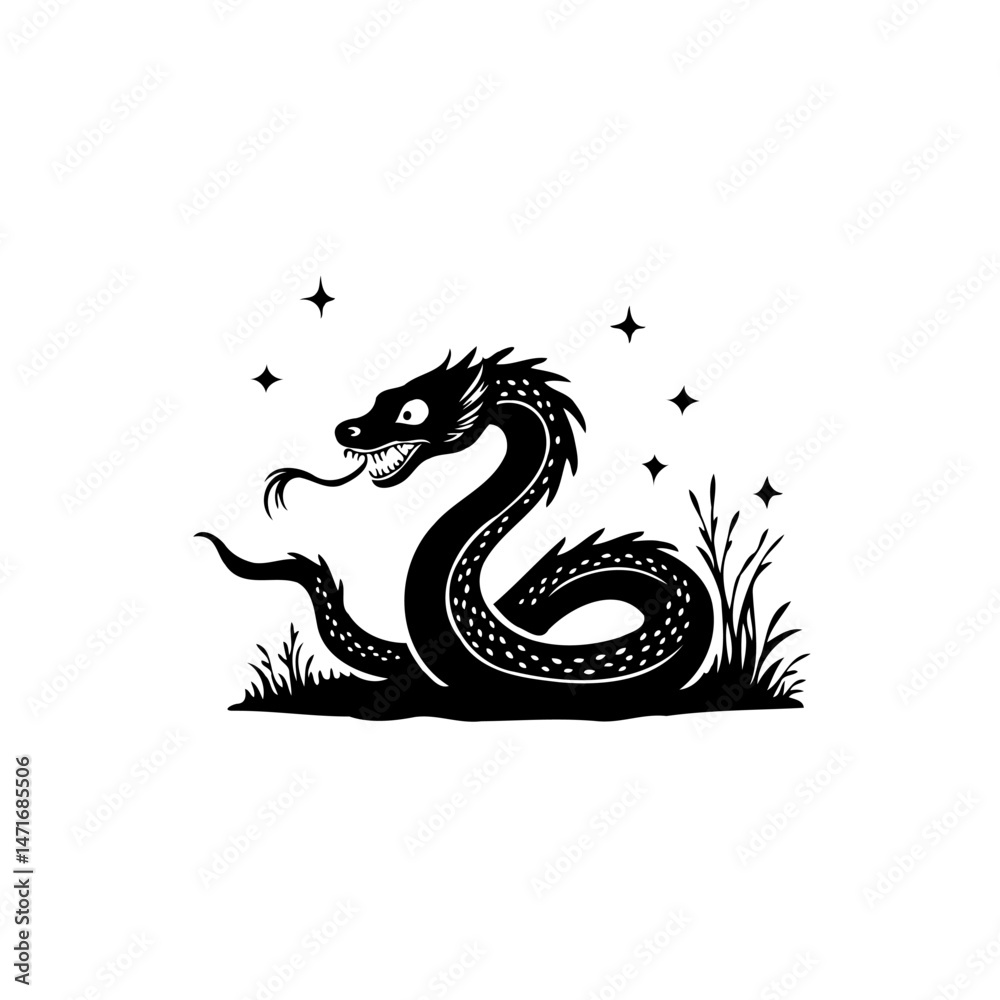 Obraz premium Stylized Dragon Silhouette with Stars and Foliage on White Background Art