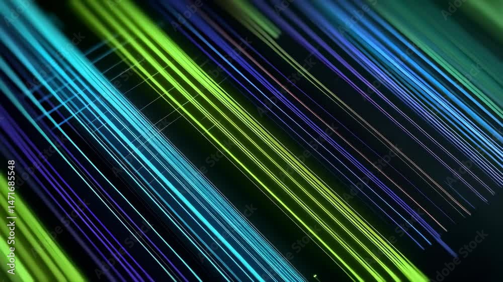 Abstract diagonal parallel lines of vibrant cyan, green, and purple light streaks on a dark background with subtle grid patterns