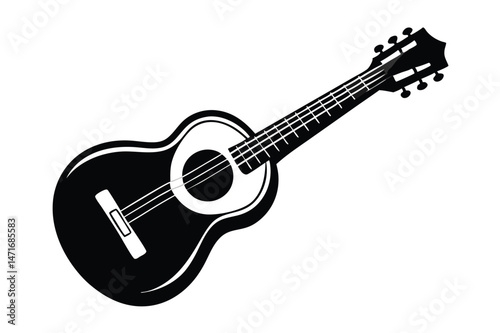 Black acoustic guitar displays strings, bridge, and headstock elegantly in simplistic black and white
