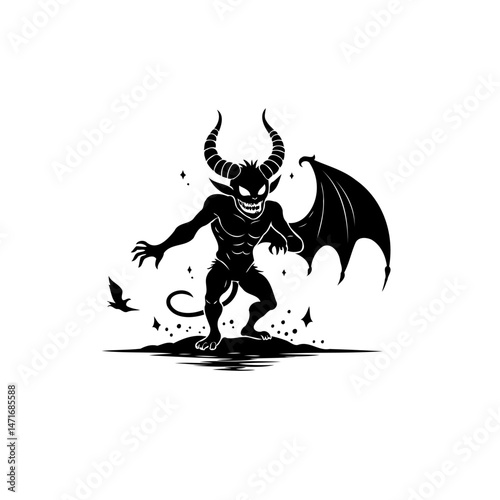 Silhouette of a horned, winged creature standing menacingly amidst subtle sparkles