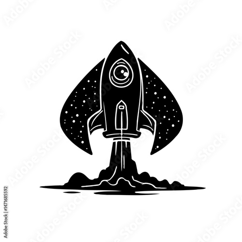 Stylized rocket launch silhouette with cosmic details and symmetrical design