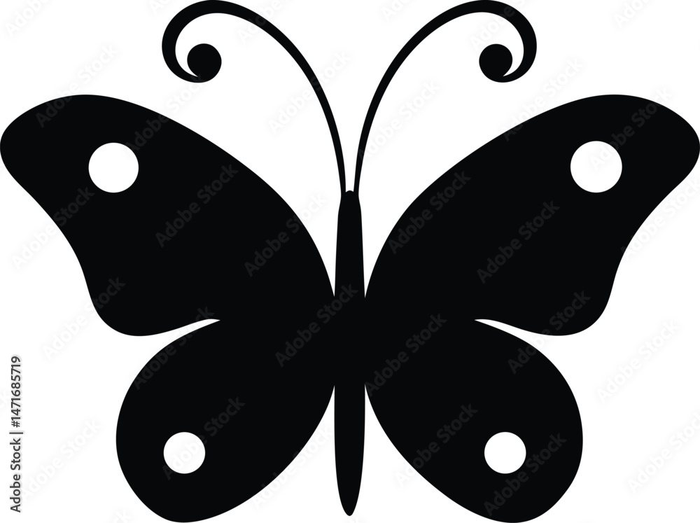 Obraz premium Elegant Black Butterfly Silhouette with Curled Antennae and Circular Wing Markings on White Background Vector Design