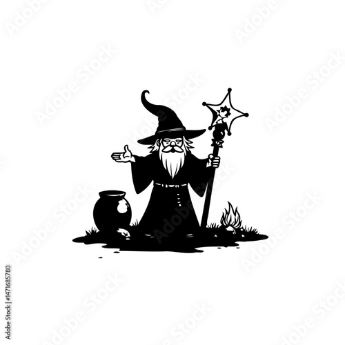 Enigmatic sorcerer illustration conjuring mystical charm and arcane whimsy