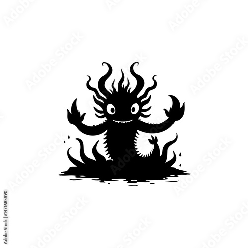 Stylized Silhouette of a Whimsical Creature with Tentacles on a White Background