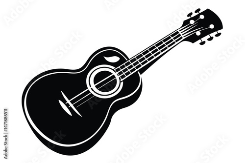 A black acoustic guitar shows a minimalist design with contrasting white details