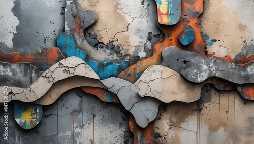 A captivating abstract artwork featuring cracked textures and layered colors. The interplay of gray, orange, and blue creates a dynamic and intriguing visual, perfect for modern spaces