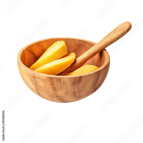 Wooden bowl with mango slices and wooden spoon photo