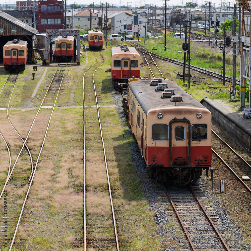 Naklejka premium Kominato railway's old-Fashioned Trains parked at Goi Station in Ichihara, Chiba Prefecture