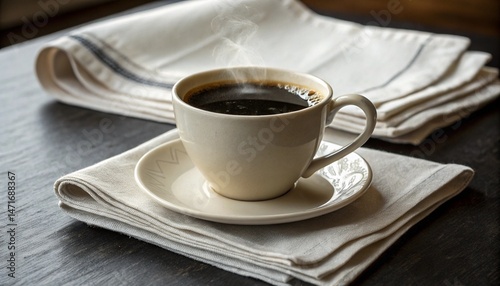 cup of black coffee with cake ruck in a simple ceramic cup and saucer, placed atop a folded white linen napkin top view        