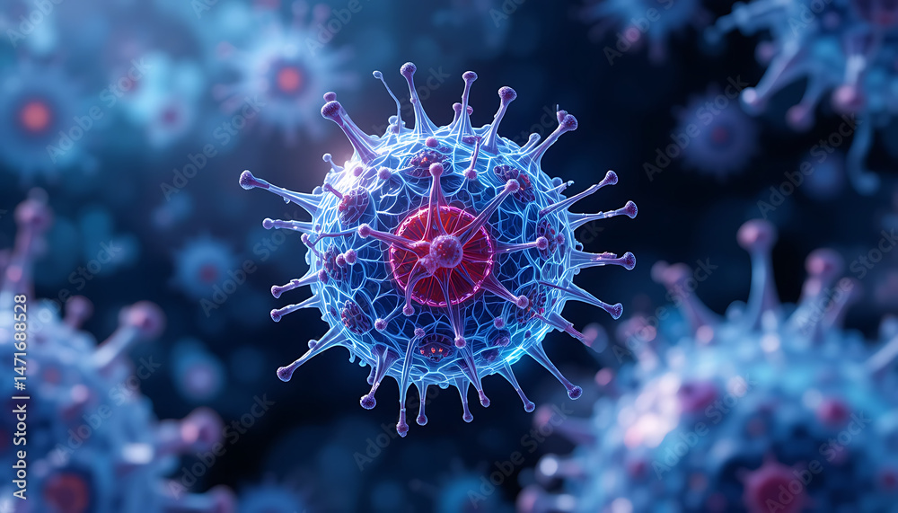 Obraz premium Coronavirus Rendering With Blue And Red Highlights For Medical Visualization Projects The Image Depicts A Microscopic Virus Cell For Scientific Research And Use