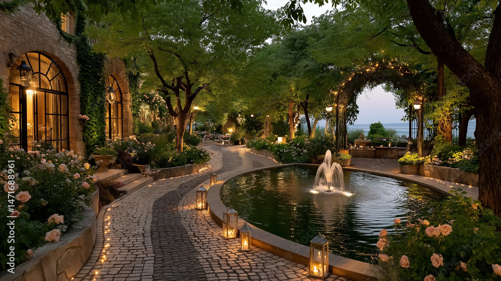 Obraz premium Enchanted Garden Oasis: This image captures the tranquil essence of an enchanting garden, blending natural beauty with elegant architecture and atmospheric lighting.