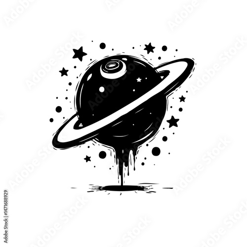 Monochrome Artistic Representation of a Celestial Planet with Decorative Elements
