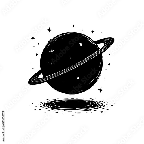 Monochromatic planetary illustration hovering above a reflective surface in space