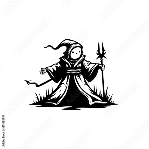 Stylized monochrome illustration of a robed figure holding a trident weapon