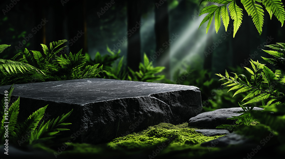 Obraz premium Stone Platform in Enchanting Forest: A rugged stone platform takes center stage, embraced by a vibrant tapestry of lush green ferns and foliage, with shafts of light piercing through the canopy.