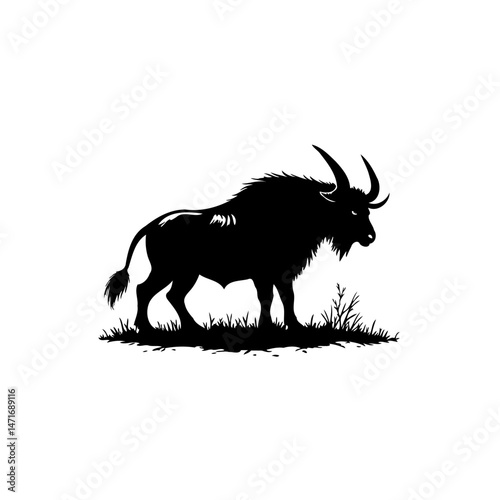 Majestic bull silhouette amidst lush grassy landscape against a white backdrop