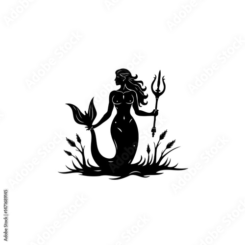 Monochrome depiction of a mermaid with trident emerging from seabed foliage