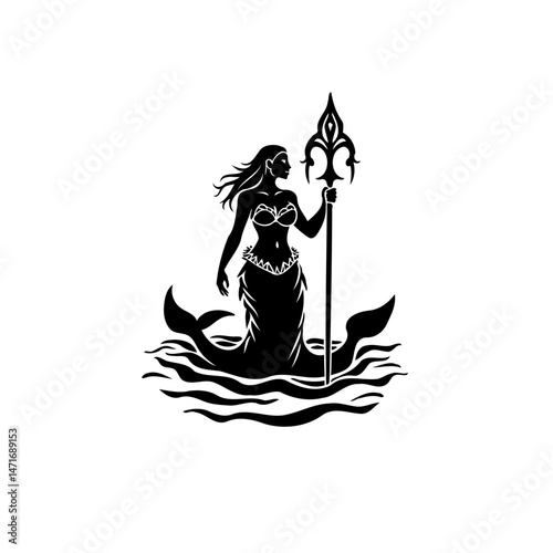 Silhouette of a mythical sea maiden holding a trident amidst stylized waves