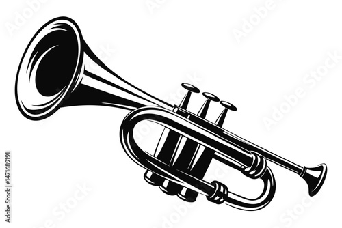 Detailed monochromatic trumpet displays elegant curves and precision, making a statement of musical heritage