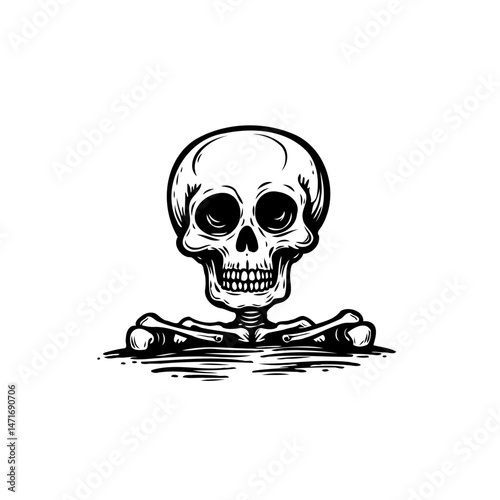 Monochrome skull artwork featuring bony hands on a stark white backdrop