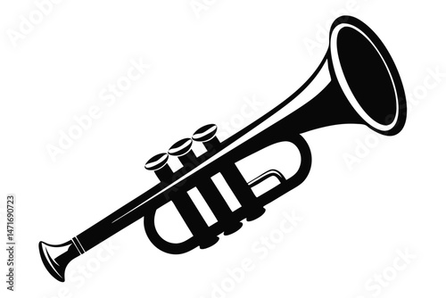 Simple black trumpet instrument has a bell and valves on white background
