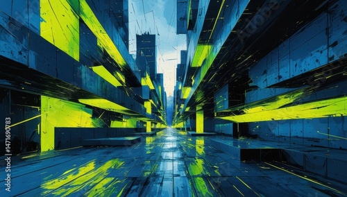 A stunning digital artwork showcasing a futuristic landscape. Bold blue and neon yellow elements create a sense of depth and movement, inviting viewers into a vibrant, abstract world
