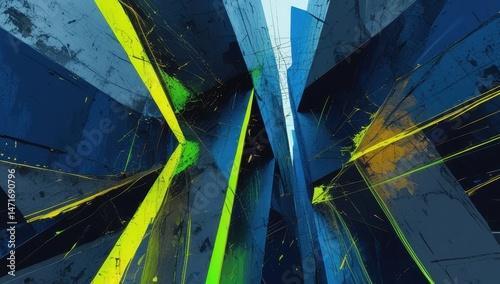 A stunning digital artwork showcasing a futuristic landscape. Bold blue and neon yellow elements create a sense of depth and movement, inviting viewers into a vibrant, abstract world
