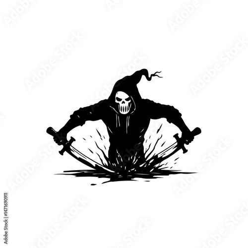 Grim Reaper Illustration with Dual Swords Emerging from a Dark Abyss