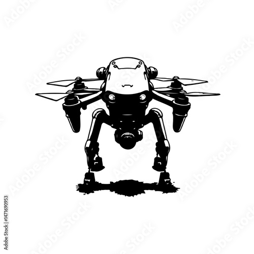 Monochrome depiction of a fantastical quadcopter-legged robot design concept