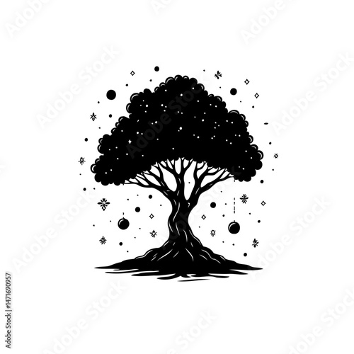 Monochromatic Silhouette Tree Illustration with Celestial Elements surrounding foliage