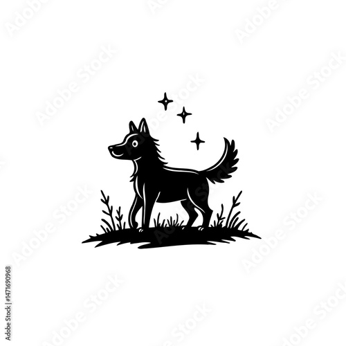 Stylized canine silhouette with celestial accents in a minimalist composition