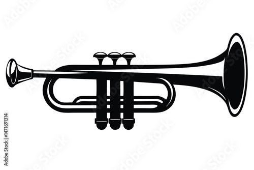 Elegant trumpet in black and white shows musical instrument with a curved outline