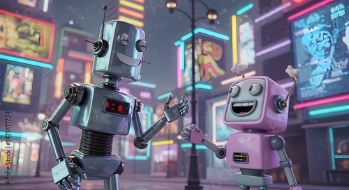Friendly robots in a neon cityscape illustration for technology publication