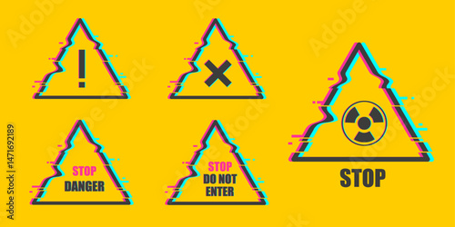 Danger signs .Symbols of warning of danger, hackers, viruses on the computer. Glitched attention . Vector Illustration.