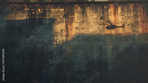 Shadow of helicopter searchlight cast across factory rooftop, grainy photo look, Cinematic Scene