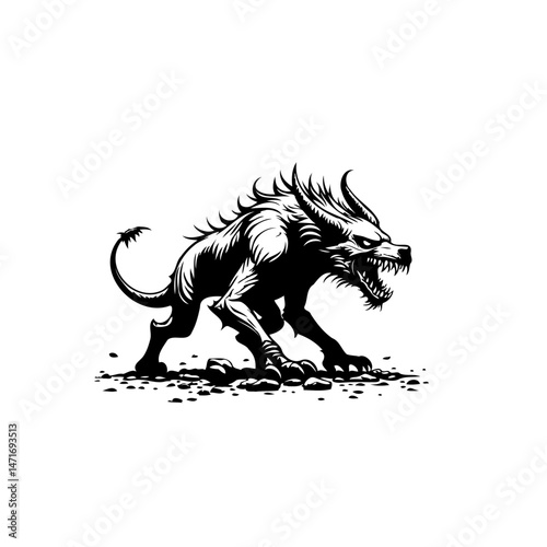 Stylized ferocious creature illustration showcasing sharp details and monochrome palette