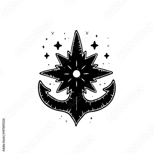 Mystic fusion: Anchor meets celestial star illustration in monochrome art style