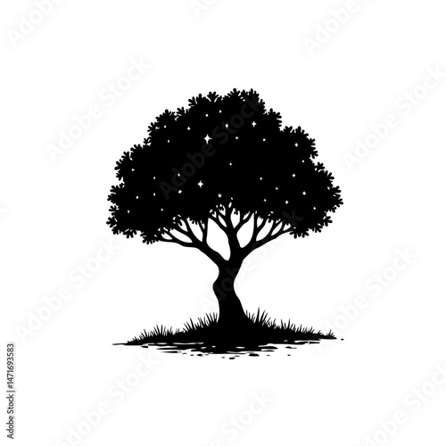 Silhouette of a Mature Tree with Dense Foliage on a White Background