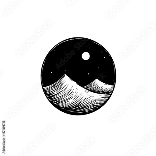 Minimalist mountain scenery in circular frame with moon and stars at night