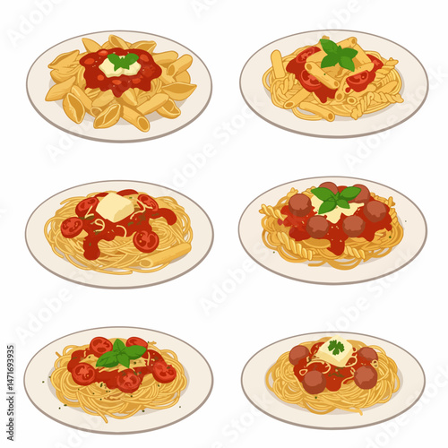 Pasta Paradise: A mouthwatering assortment of pasta dishes artfully arranged on plates, showcasing the rich variety of Italian cuisine, ready to tempt the palate.
