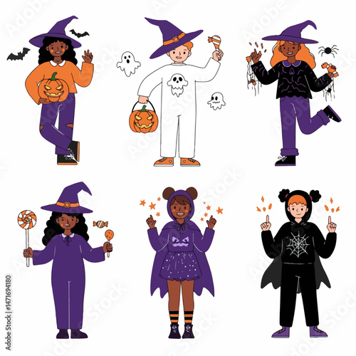 Halloween Children Costumes: Six adorable kids in various Halloween costumes, including witches, ghosts, and bats, stand against a white background, ready for trick-or-treating fun.