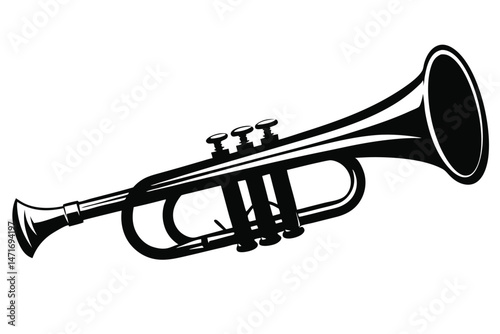 Bold black and white trumpet art displays elegant monochrome detail with stark contrast