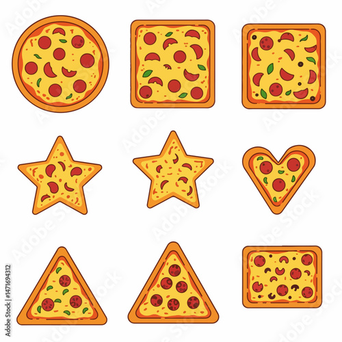 Variety Pizza Shapes: A visual assortment of creatively shaped pizzas, each topped with vibrant ingredients and cooked to a perfect golden hue, is a delightful and unique presentation.