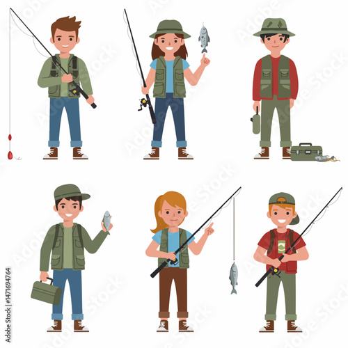 Fisher's Delight: A joyful array of individual, with fishing rods, showcase their successful catches against a soft backdrop, celebrating the serenity and thrill of the day