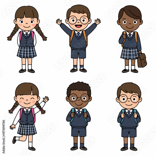 Diversity in Education: A collection of diverse, smiling school children, each radiating happiness and anticipation for a new day of learning.