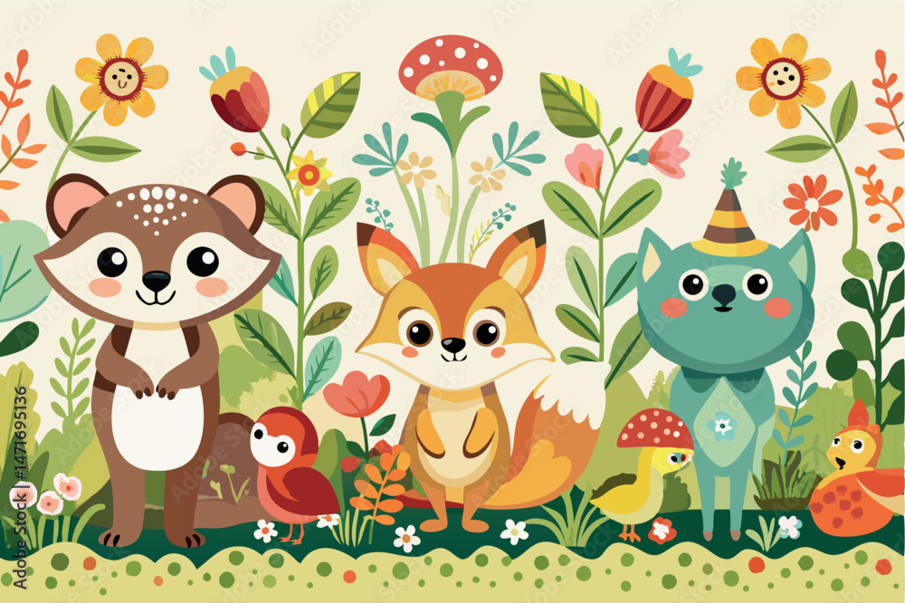 Naklejka premium Adorable forest animals in a playful scene with flowers and decorative foliage illustration