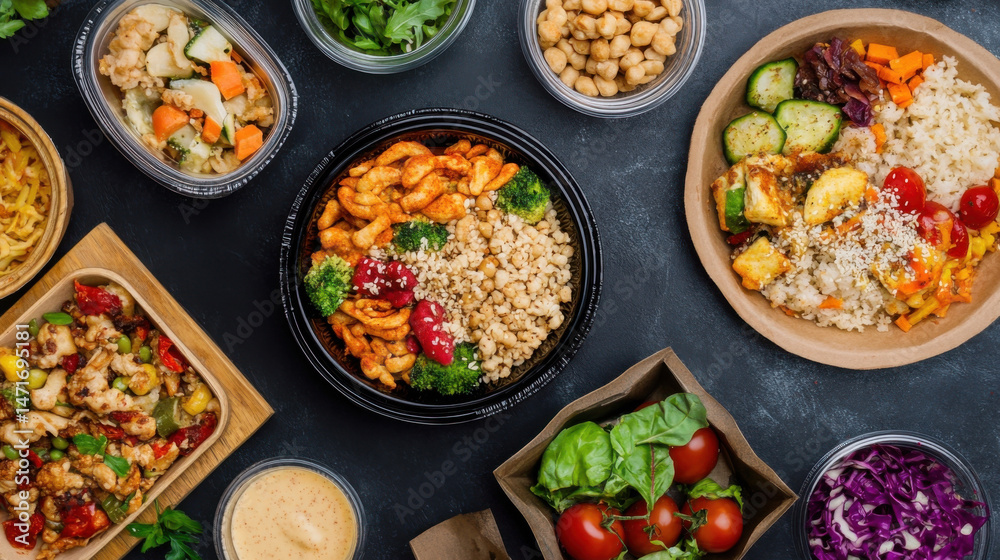 Overhead shot of various healthy meal prep containers, showcasing diverse dishes like chickpea bowls, tofu rice bowls, and vegetable stir-fries, ideal for a balanced diet. : Generative AI Overhead shot of various healthy meal prep containers, showcasing diverse dishes like chickpea bowls, tofu rice bowls, and vegetable stir-fries, ideal for a balanced diet. : Generative AI