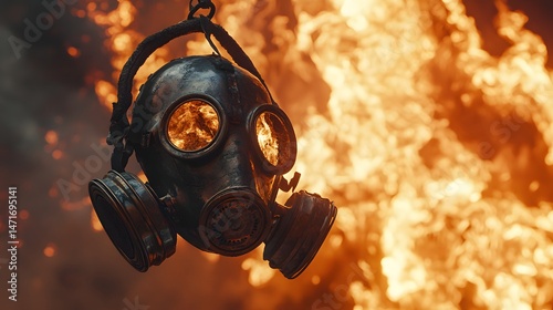 Gas mask hanging unused on hook as fire blazes in background, Cinematic Scene