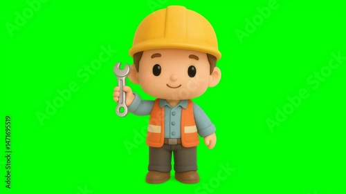 A cute cartoon construction worker holding a wrench with a green background.