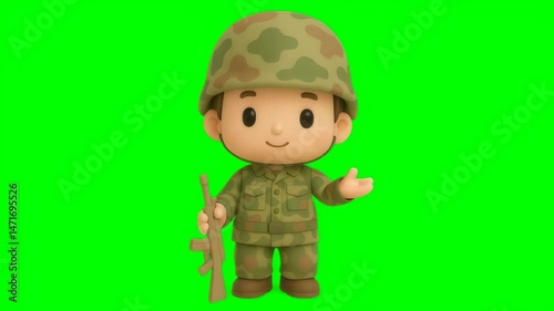 A cute cartoon soldier figurine in camouflage uniform stands holding a toy rifle on a bright green background.